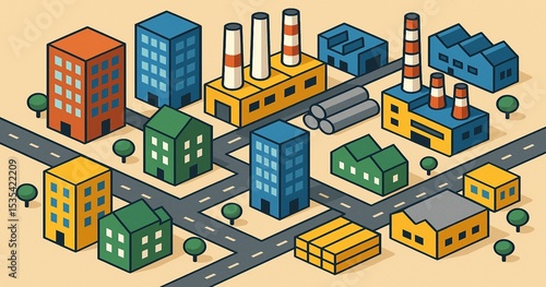 Colorful Isometric Cityscape with Factories, Buildings, and Roads


