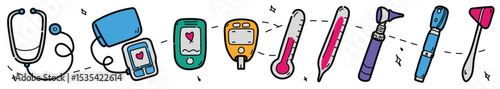 Childlike Medical Diagnostic Tool Icon set with Hand-drawn style
