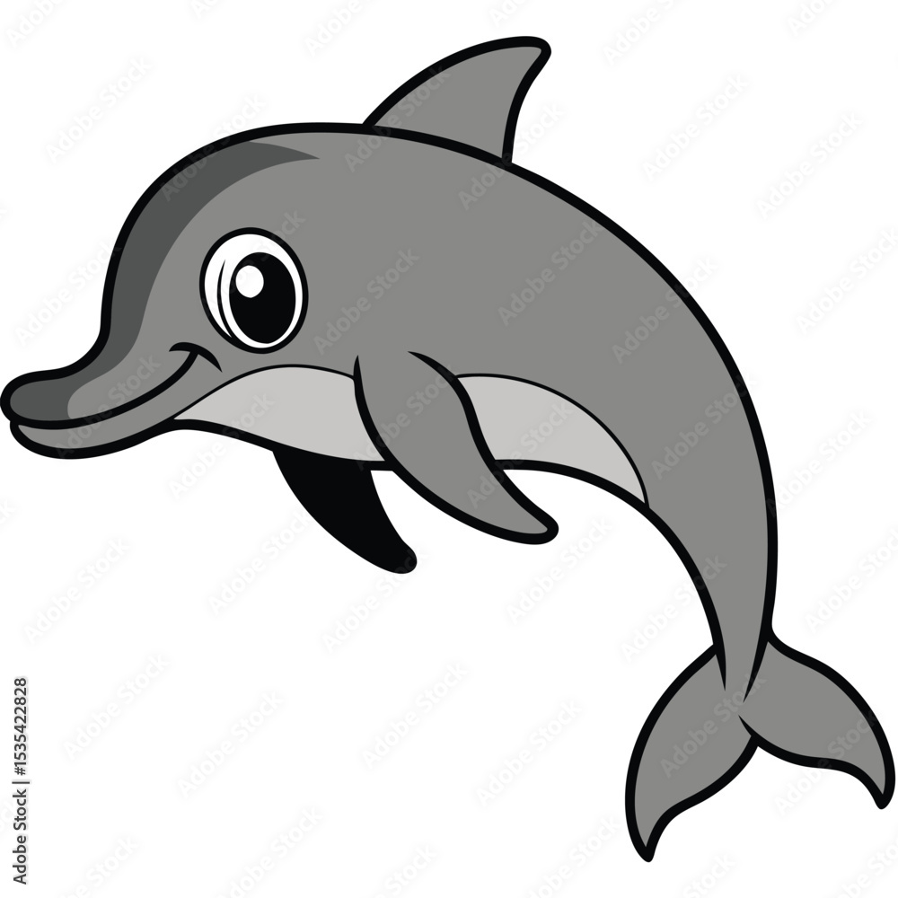 Naklejka premium Friendly cartoon dolphin swimming upward with a happy expression against a white background