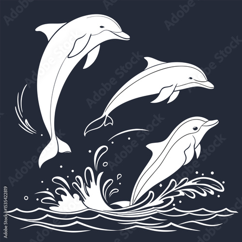 Graceful dolphins leap and play in the ocean waves against a dark navy background