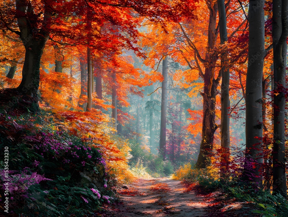 Fototapeta premium Autumn forest path at misty night