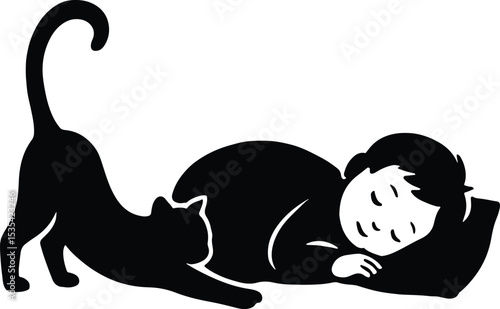 Silhouette sleeping child next to a stretching cat vector illustration
