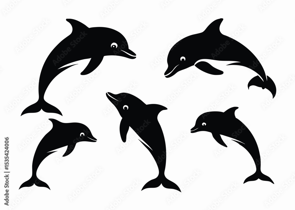 Obraz premium Silhouette illustrations of five playful dolphins with expressive eyes on a clean white background