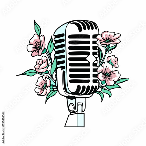 Retro Microphone with Floral DesignVector