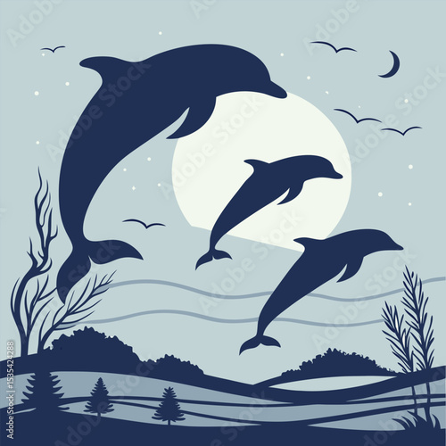 Silhouette of dolphins leaping with moon birds and nature scene in a minimalist illustration