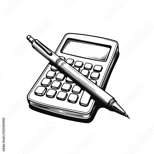 Calculator and Pen Line Art Illustration, Accounting and Finance Tools