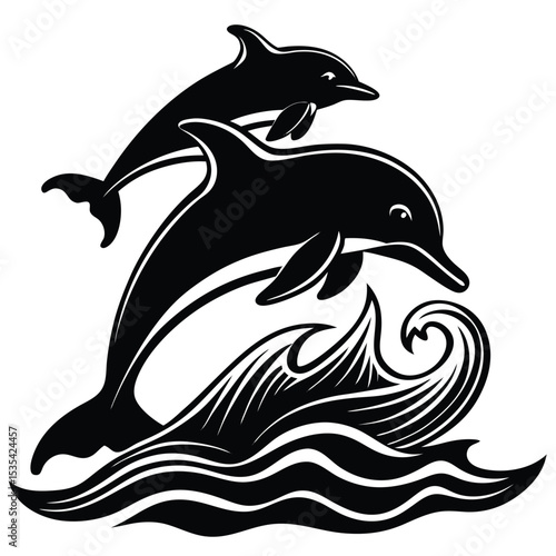 Silhouette of two playful dolphins leaping from the ocean waves in black and white