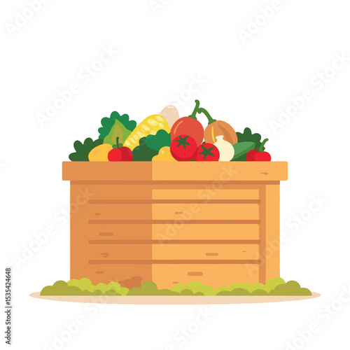Wooden compost bin with food scraps on white background, sustainable recycling