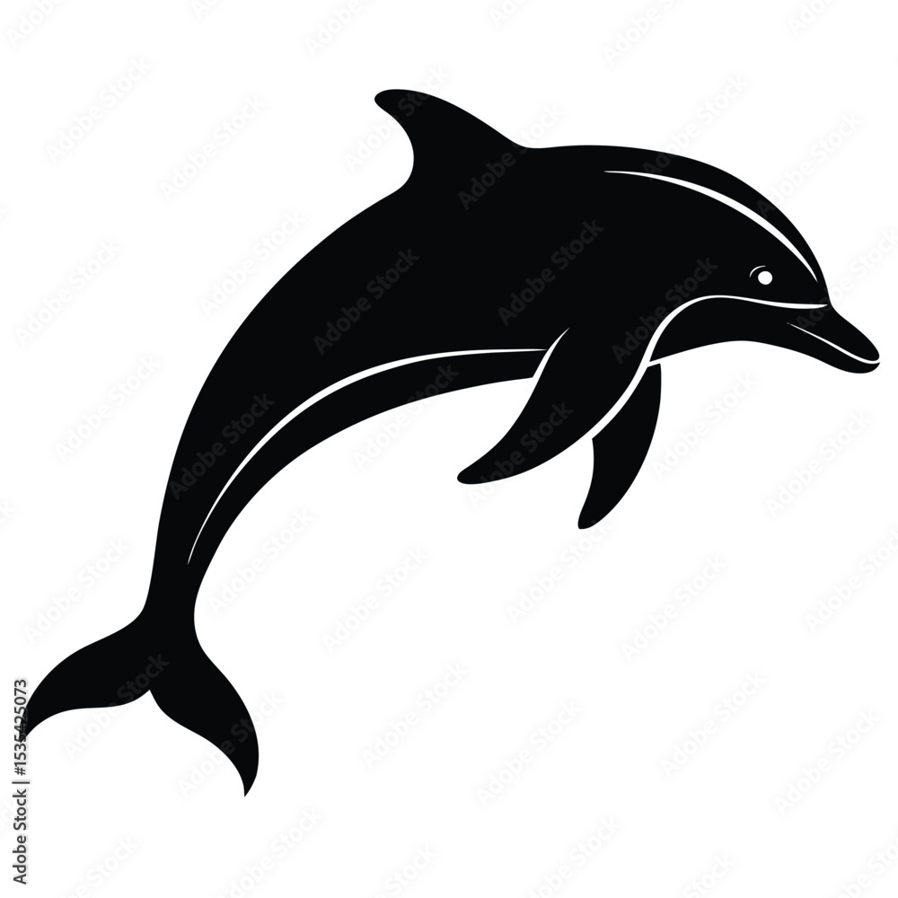 Fototapeta premium Sleek black and white silhouette depicting a playful jumping dolphin against a white background
