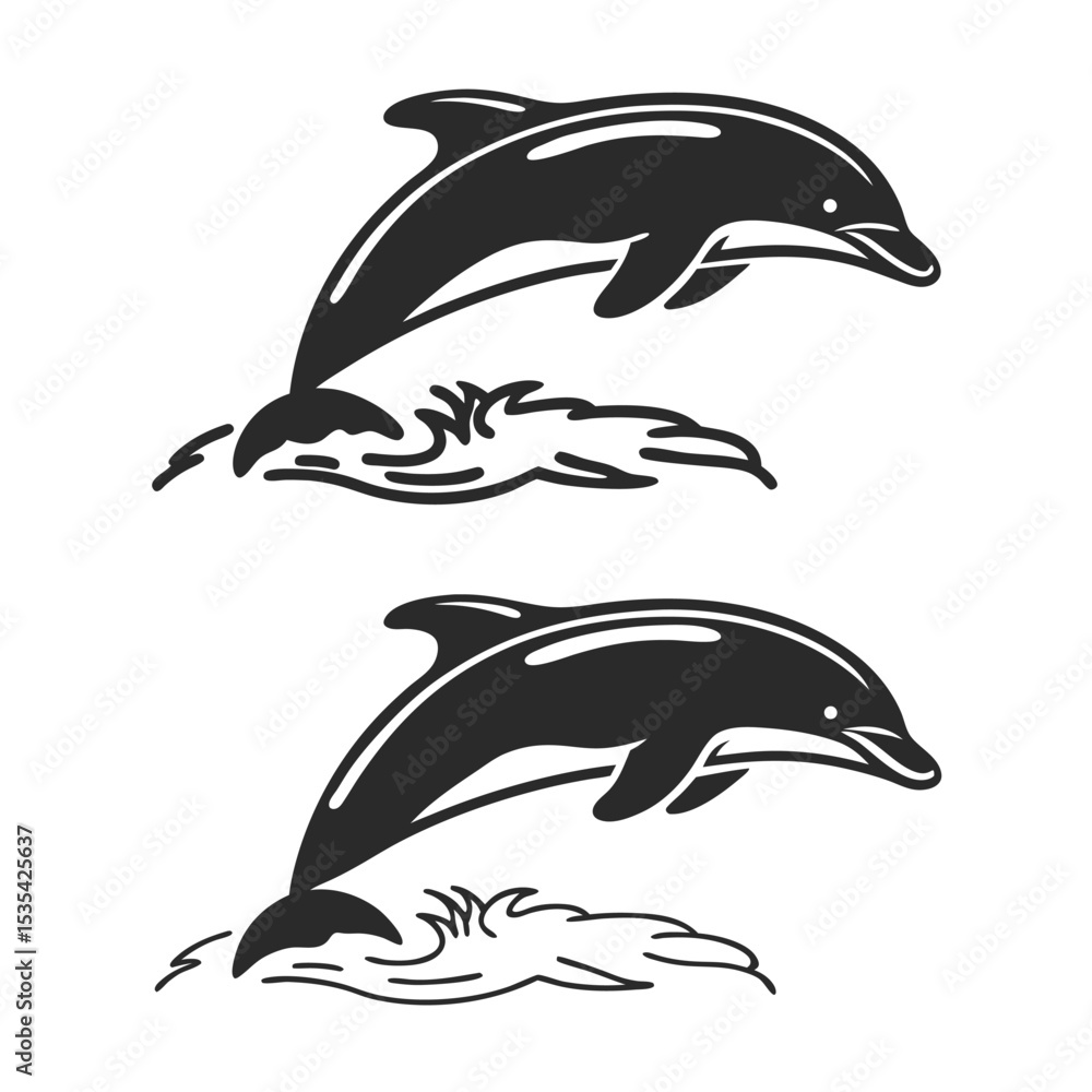 Fototapeta premium Two black dolphin silhouettes jumping out of water illustration on white background
