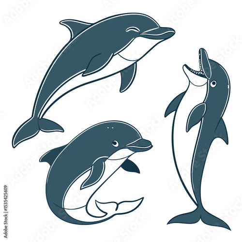 Three stylized playful dolphins swimming happily in the ocean marine life illustration