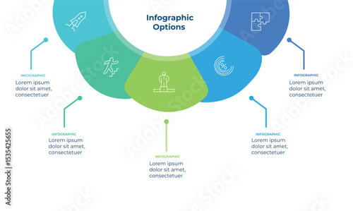 Minimal vector infographic design with six colorful segments arranged around a central circle. Each segment includes a linear icon and connecting line with descriptive text. Suitable for presentations