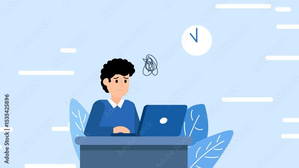 a man who is stressed because of working in front of a laptop. a depressed employee animated. a person who works under pressure a man who is stressed because of working in front of a laptop. a depressed employee animated. a person who works under pressure