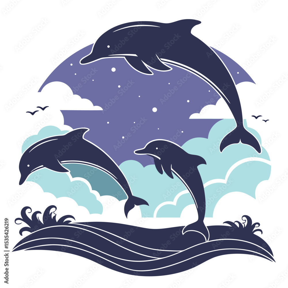 Naklejka premium Whimsical illustration of three dolphins jumping amidst clouds and sea with stylized design