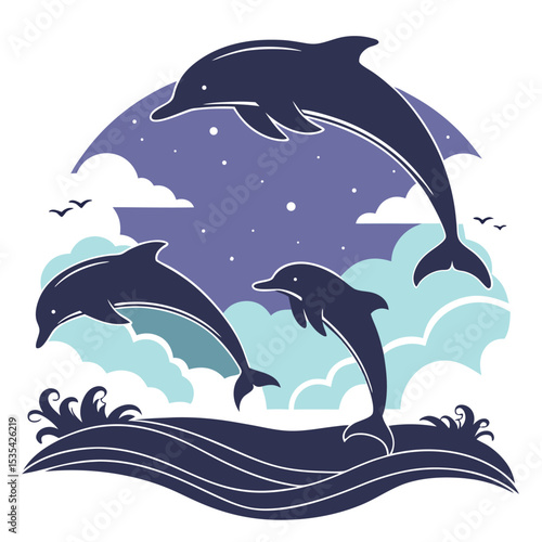 Whimsical illustration of three dolphins jumping amidst clouds and sea with stylized design