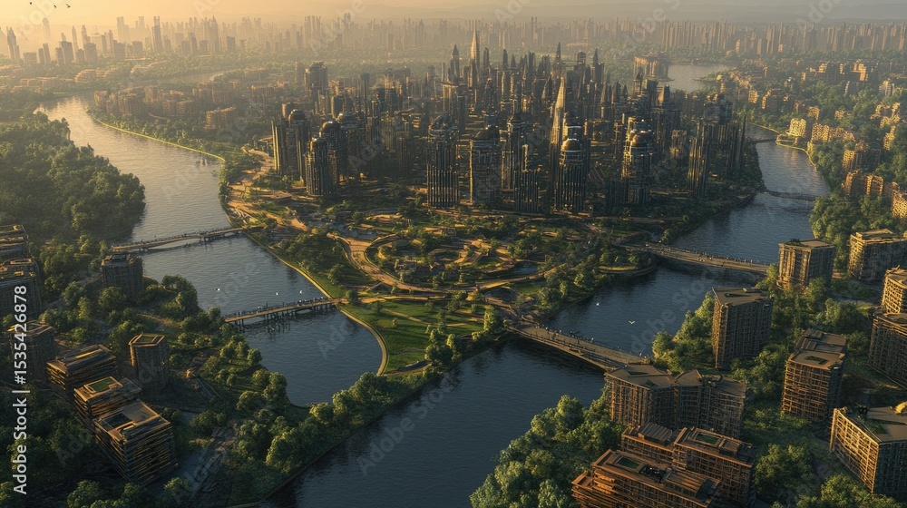 Fototapeta premium Aerial View of a Modern Urban City Surrounded by Water Bodies and Lush Green Parks at Sunrise