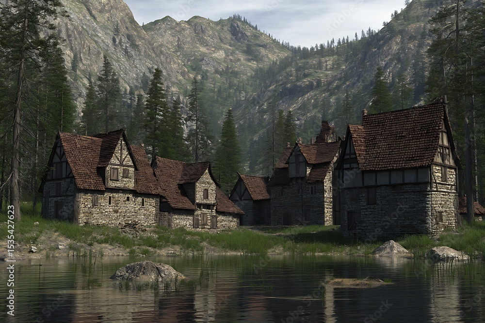 Fototapeta premium Medieval village nestled by mountain lake