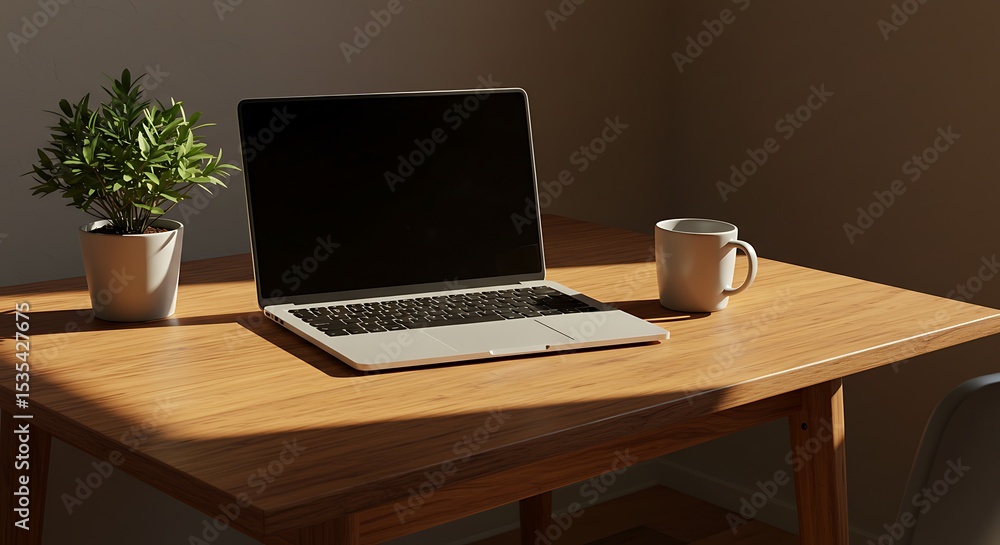 Fototapeta premium Laptop on Wooden Desk with Plant and Mug in Warm Natural Sunlight