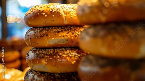 Stacked shiny bagels topped with sesame and poppy seeds are piled at the bakery counter, ready for purchase by hungry customers.