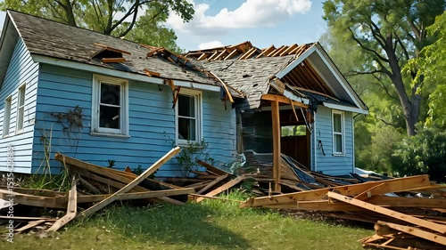 Old abandoned house with collapsed roof and scattered wooden debris in overgrown yard on a sunny day