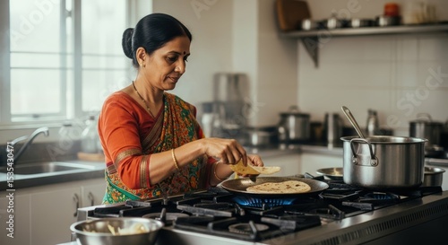Woman cooking roti indian food in kitchen home cooking traditional meal india