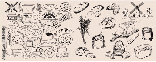 Hand-drawn bakery and bread doodle vector set featuring a variety of artisanal bread, pastries, wheat, baking tools, and oven elements.