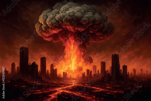 The aftermath of a nuclear blast in a futuristic city, where towering skyscrapers collapse into the inferno and an ominous mushroom cloud fills the sky