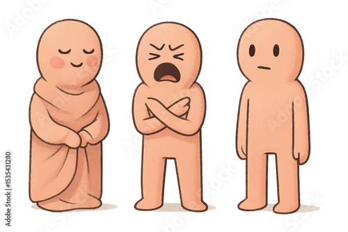 Three cartoon figures displaying different emotions happiness, anger, and indifference, with simple and cute designs, representing human expressions, icon set