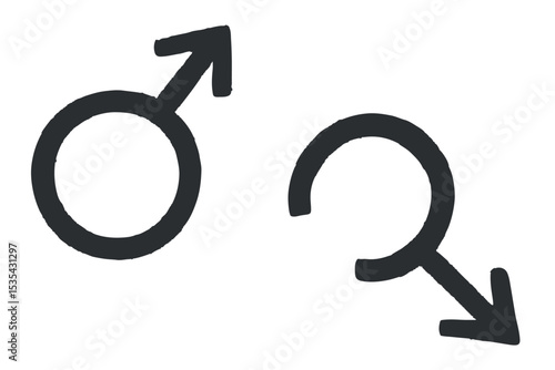 Male gender symbols, featuring the classic circle with arrow and an alternative design with a dynamic, stylized figure in motion, symbolizing strength, icon set