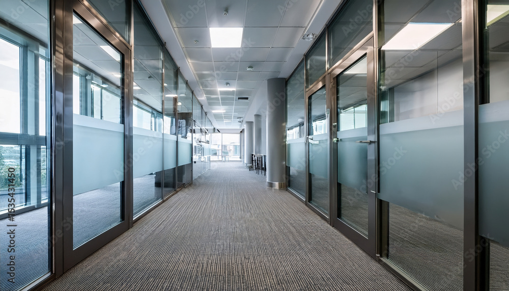 Obraz premium Modern office corridor featuring frosted glass partitions and professional signage, creating sleek and inviting atmosphere