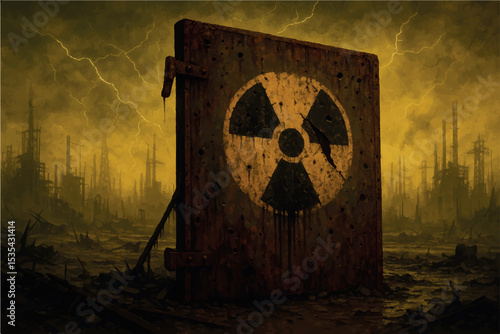 A rusted, worn out radioactive sign on a heavy metallic door, set against a post apocalyptic wasteland with eerie yellow skies and decaying industrial ruins