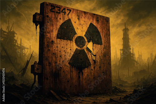 A deteriorated radioactive symbol on a rusted vault door, with the ominous backdrop of a desolate, ruined landscape, depicting a future after nuclear devastation