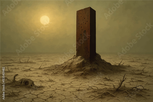A lone rusted steel monolith rises in a desolate, barren landscape under a yellow, toxic sky, with a sun that casts an eerie glow over the cracked earth