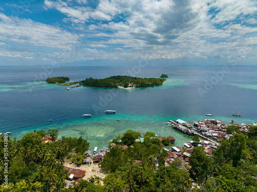 Tropical island with coconut tree in coastal area. Samal Island. Davao, Philippines.