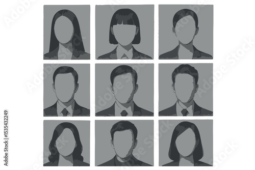 faceless businesspeople in gray scale corporate headshots representing anonymity, identity, and diversity in professional work icon set