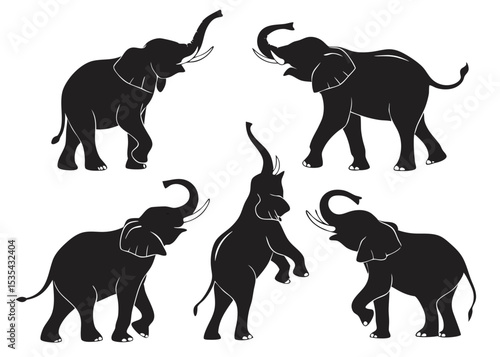 Silhouette illustrations of african elephants in various poses against a white background