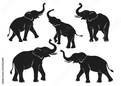 Silhouette illustrations of five graceful elephants in different poses against a white background
