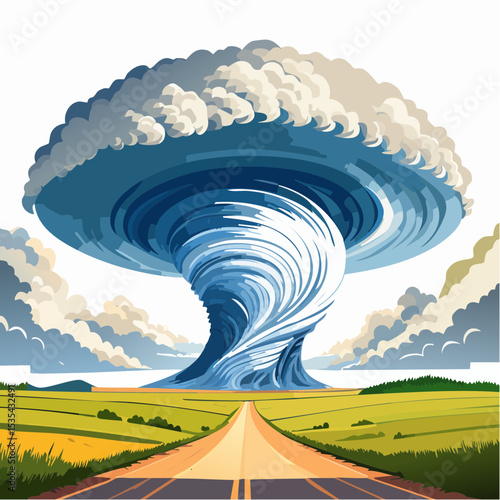 Vector illustration, Incredible supercell spinning across wide country, sky full of dark storm clouds