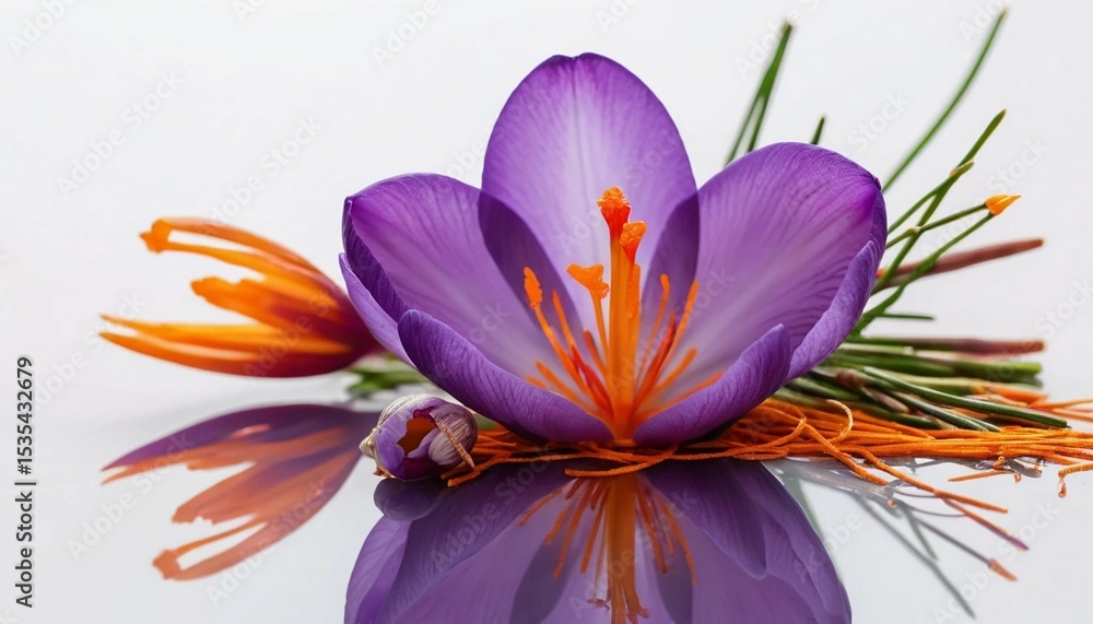 Fototapeta premium Crocus Flower Reflection: Purple and Orange Beauty