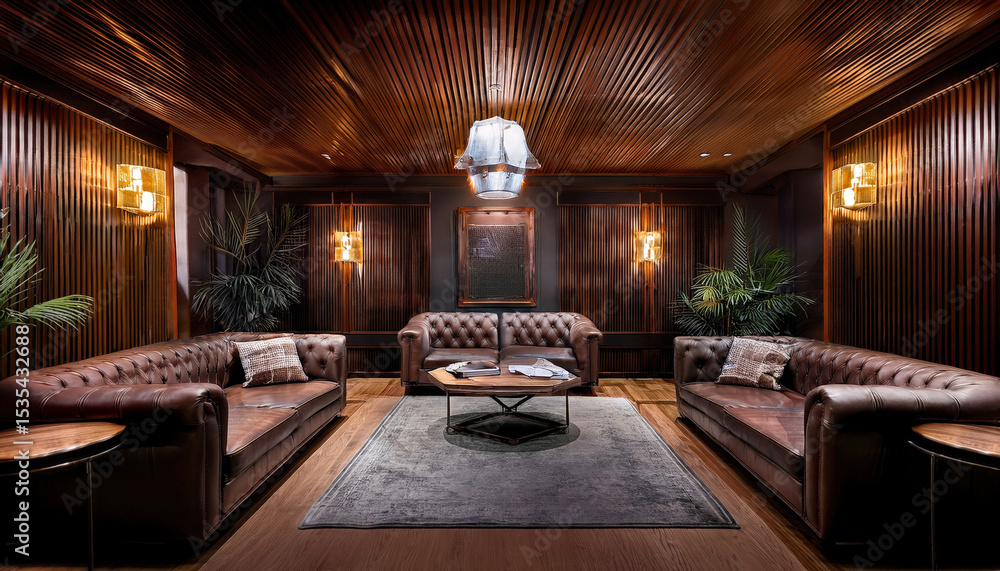 Fototapeta premium Luxurious whiskey lounge featuring dark wood paneling, leather sofas, and soft lighting, creating inviting atmosphere for relaxation