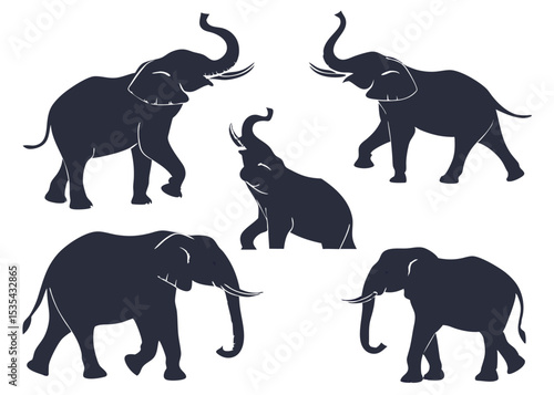 Silhouettes of african elephants in various poses representing wildlife and animals in vector illustration
