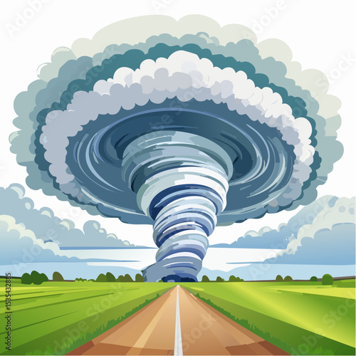 Vector illustration, Incredible supercell spinning across wide country, sky full of dark storm clouds