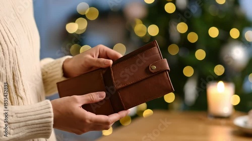 Hands holding an empty leather wallet in front of a decorated Christmas tree, representing holiday financial constraints.