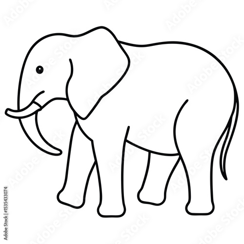 Simple black and white outline of an elephant standing with trunk and tusks for illustration