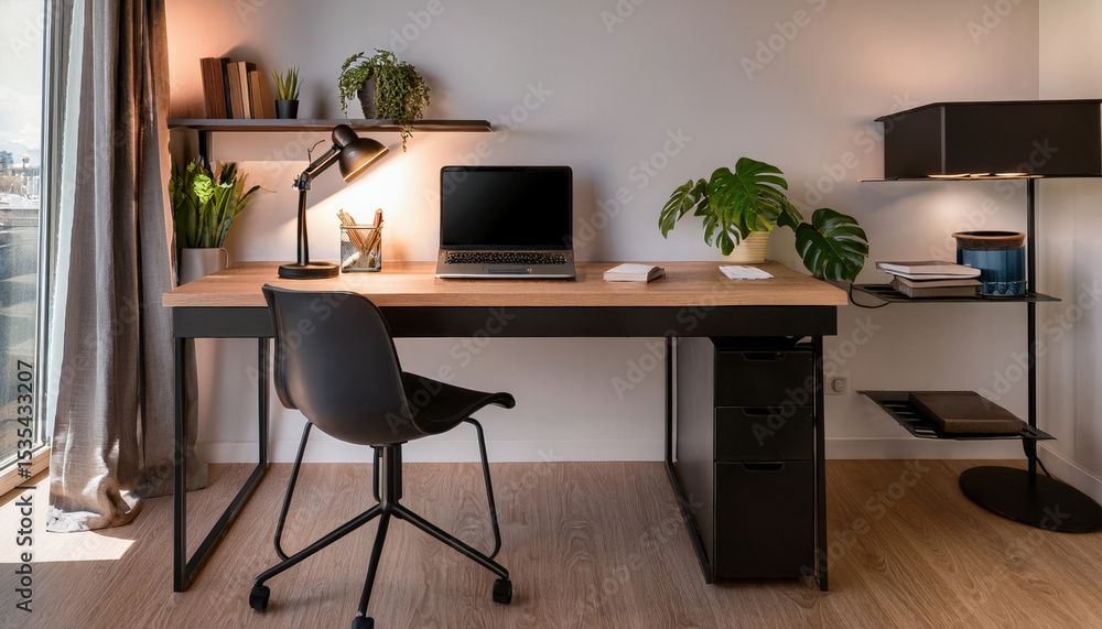 Modern workspace featuring sleek desk, laptop, and organized shelving, creating productive and inviting atmosphere Modern workspace featuring sleek desk, laptop, and organized shelving, creating productive and inviting atmosphere