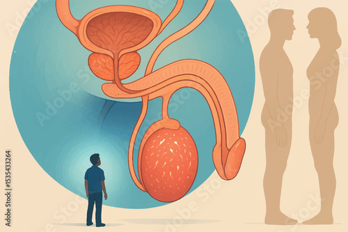 male and female reproductive organs with a person pointing at the anatomy, educational representation of human reproduction