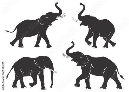 Vector illustration of four stylized elephant silhouettes in various poses on white background