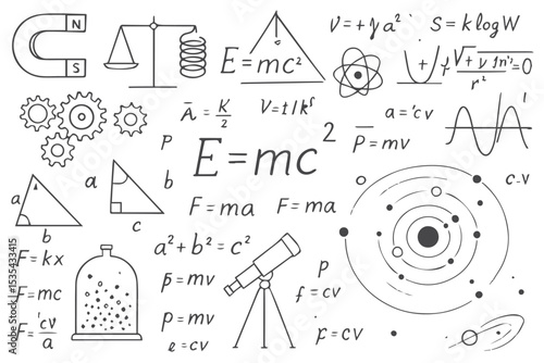 chalkboard filled with scientific formulas, equations, and diagrams of physics, chemistry, and engineering concepts, science research icon set
