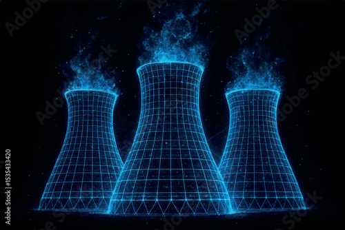 glowing 3D nuclear power plant towers with steam, blue wireframe design representing energy production, futuristic technology and environment icon set