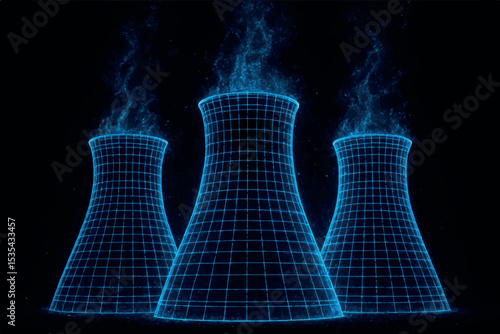 neon blue digital rendering of nuclear reactors with vapor, wireframe grid structure symbolizing power generation, clean energy concept icon set